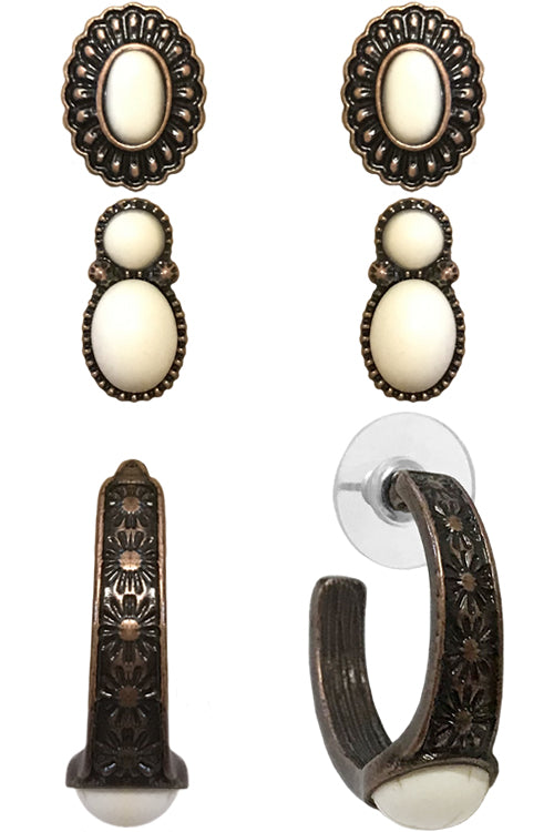 WESTERN STYLE AZTEC TEXTURED GEMSTONE CONCHO CASTING HOOP STUD EARRINGS SET