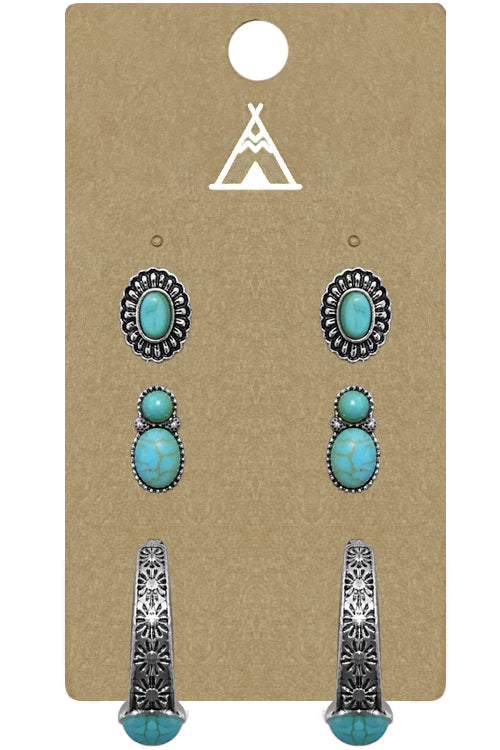 WESTERN STYLE AZTEC TEXTURED GEMSTONE CONCHO CASTING HOOP STUD EARRINGS SET