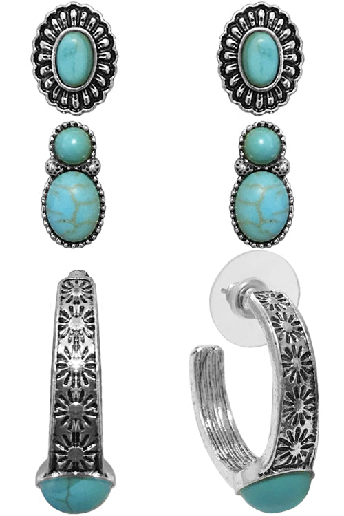 WESTERN STYLE AZTEC TEXTURED GEMSTONE CONCHO CASTING HOOP STUD EARRINGS SET