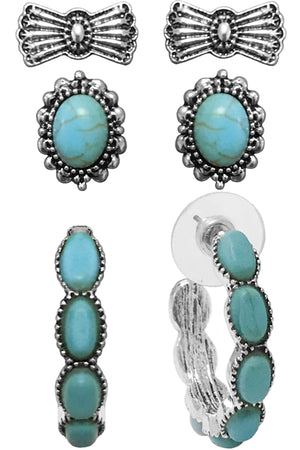 WESTERN STYLE AZTEC TEXTURED GEMSTONE CONCHO CASTING HOOP STUD EARRINGS SET