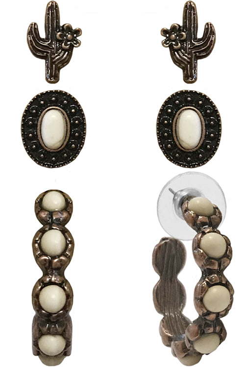 WESTERN STYLE AZTEC TEXTURED GEMSTONE CONCHO CACTUS CASTING HOOP STUD EARRINGS SET