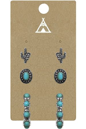 WESTERN STYLE AZTEC TEXTURED GEMSTONE CONCHO CACTUS CASTING HOOP STUD EARRINGS SET