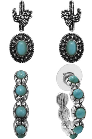 WESTERN STYLE AZTEC TEXTURED GEMSTONE CONCHO CACTUS CASTING HOOP STUD EARRINGS SET