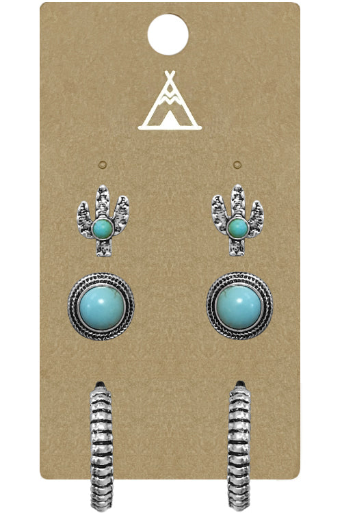 WESTERN STYLE AZTEC TEXTURED GEMSTONE CONCHO CACTUS CASTING HOOP STUD EARRINGS SET