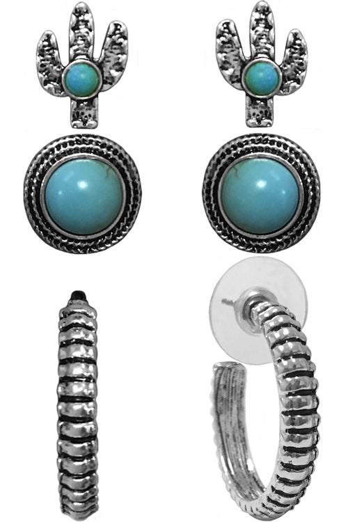 WESTERN STYLE AZTEC TEXTURED GEMSTONE CONCHO CACTUS CASTING HOOP STUD EARRINGS SET