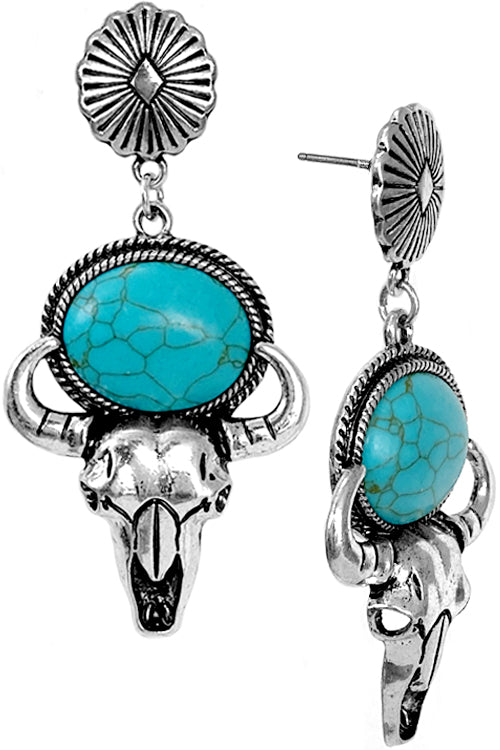 WESTERN STYLE CABLE TEXTURED TURQUOISE GEMSTONE STEER HEAD CASTING CONCHO POST DANGLING EARRING