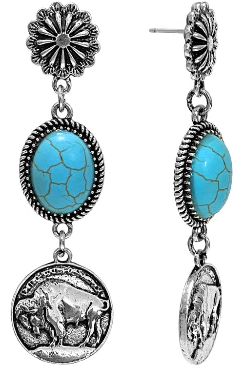 WESTERN STYLE CABLE TEXTURED CONCHO FLOWER TURQUOISE OVAL GEMSTONE BUFFALO COIN CASTING DROP POST DANGLING EARRING