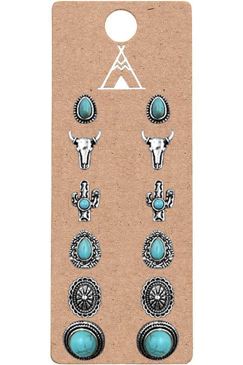 WESTERN CONCHO STYLE AZTEC TEXTURED GEMSTONE CACTUS STEER HEAD MULTI SHAPE CASTING STUD EARRINGS SET