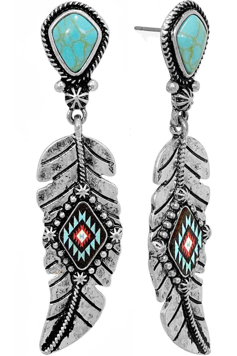 WESTERN STYLE CABLE TEXTURED AZTEC PRINTED WOOD GEMSTONE FEATHER POST DANGLING EARRING