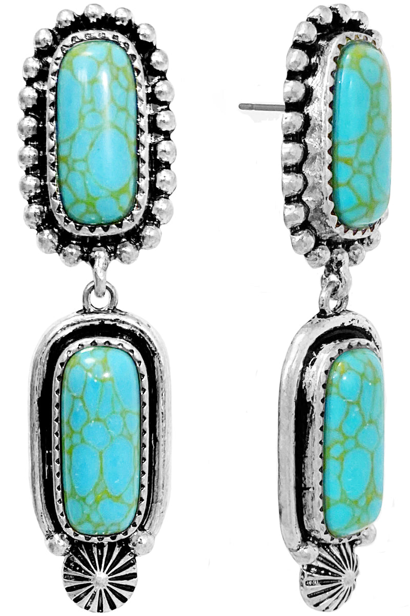 WESTERN CONCHO STYLE DOT TEXTURED GEMSTONE OVAL CASTING DROP POST DANGLING EARRING