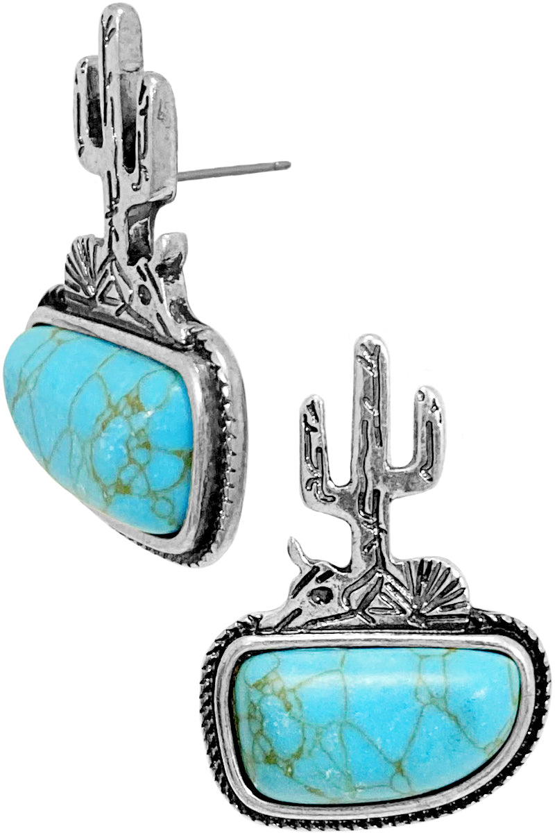 WESTERN SCENERY STYLE CABLE TEXTURED GEMSTONE AZTEC CACTUS CASTING STUD EARRING