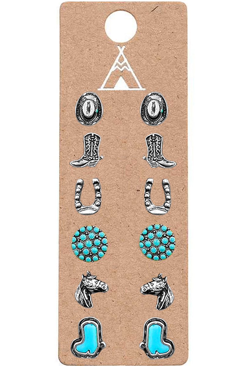 WESTERN CONCHO STYLE AZTEC TEXTURED EPOXY COWBOY HAT HORSE SHOE BOOTS MULTI SHAPE CASTING TINY STUD EARRINGS SET