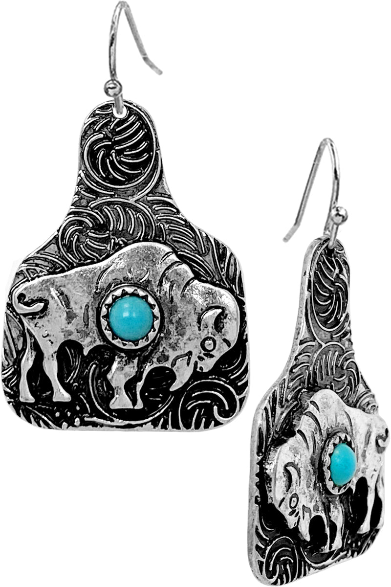 WESTERN STYLE PAISLEY TEXTURE GEMSTONE BUFFALO CATTLE TAG FISH HOOK DANGLING EARRING