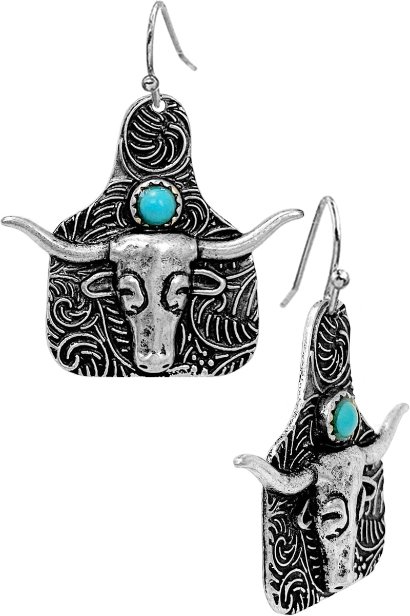 WESTERN STYLE PAISLEY TEXTURE TURQUOISE GEMSTONE STEER HEAD CATTLE TAG FISH HOOK DANGLING EARRING