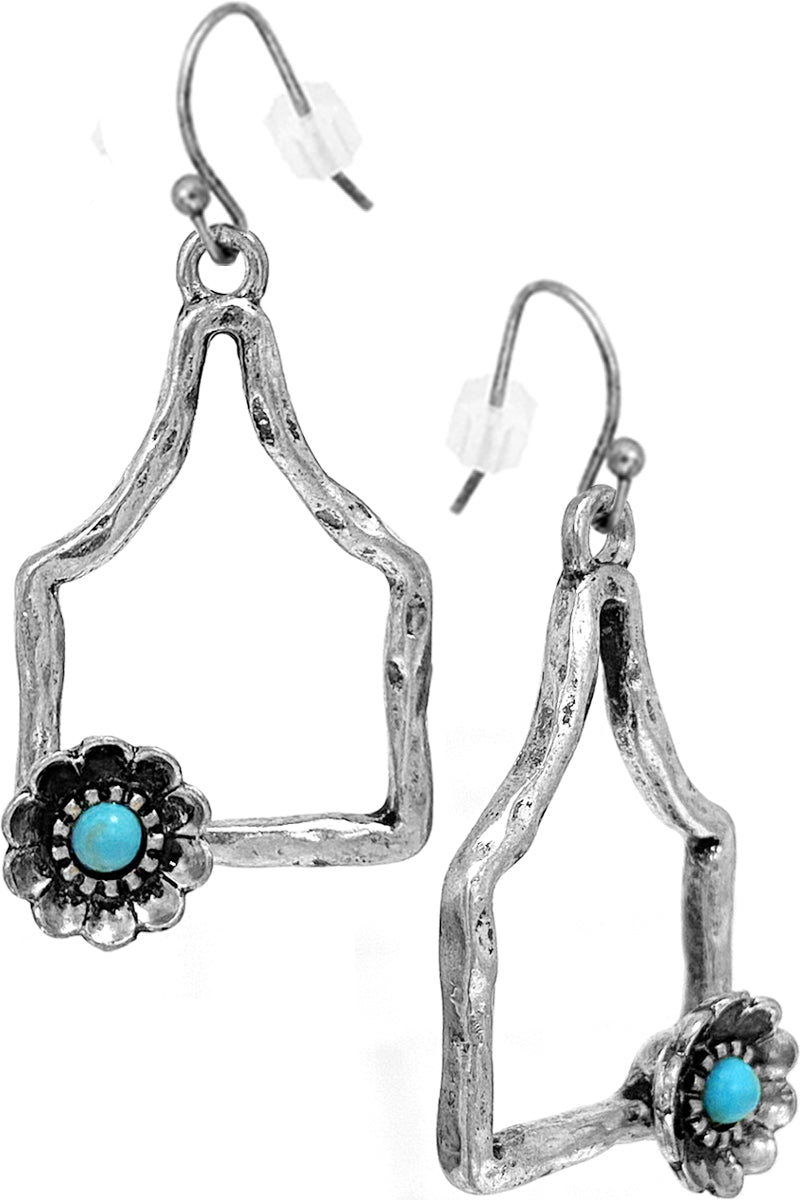 WESTERN STYLE HAMMERED TEXTURE CATTLE TAG FRAME GEMSTONE CONCHO FLOWER FISH HOOK DANGLING EARRING
