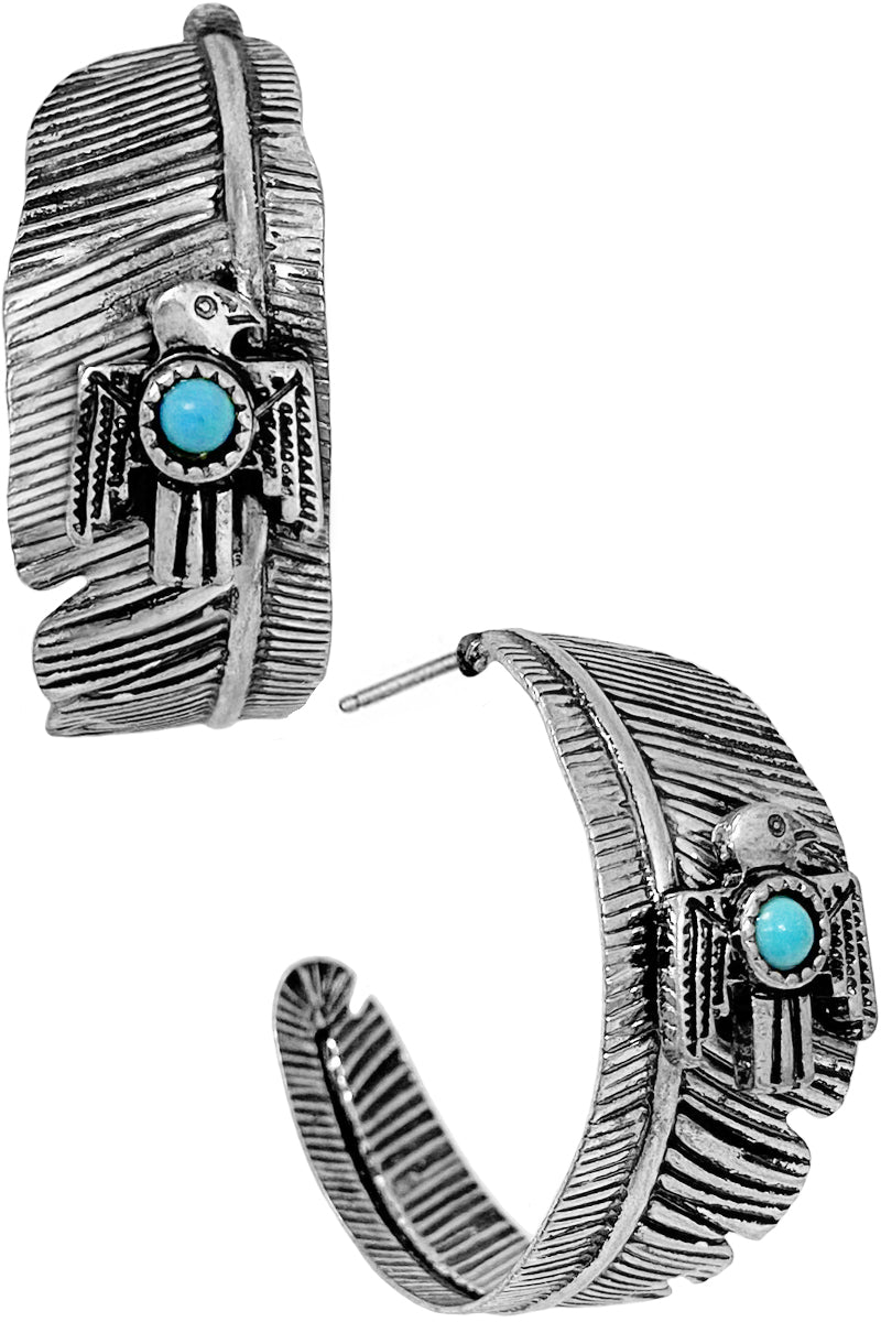 WESTERN CONCHO STYLE TEXTURED TURQUOISE GEMSTONE THUNDERBIRD CASTING FEATHER HOOP EARRING