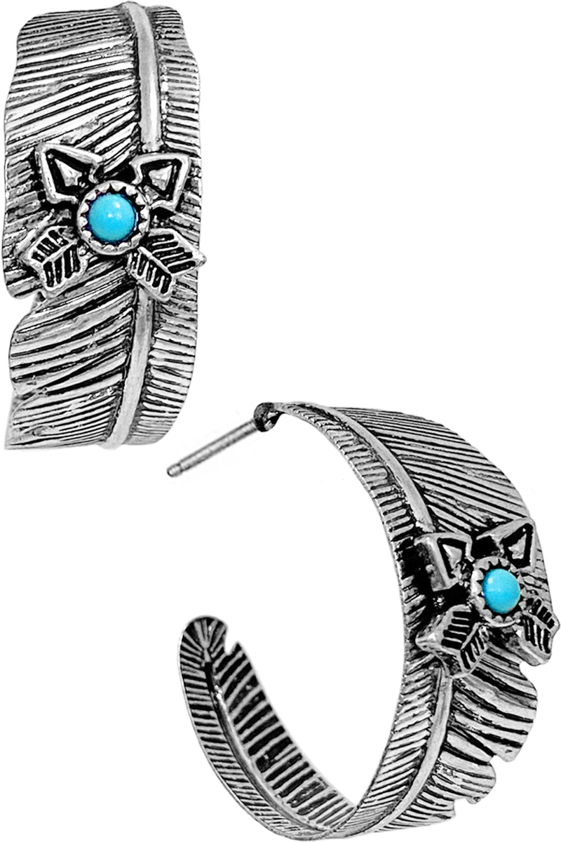 WESTERN CONCHO STYLE TEXTURED TURQUOISE GEMSTONE ARROW CASTING FEATHER HOOP EARRING