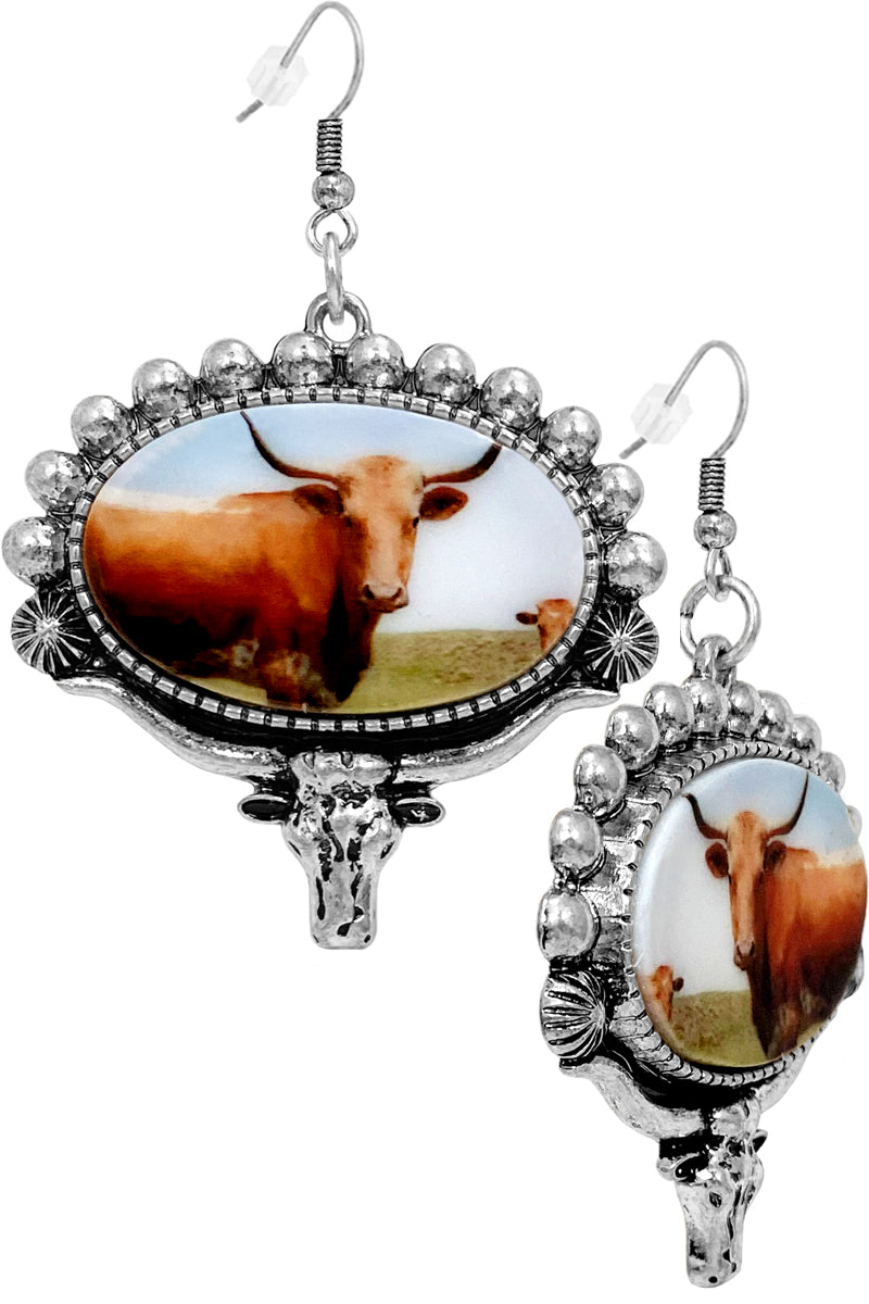 WESTERN STYLE DOT TEXTURED COW PRINTED CASTING FISH HOOK DANGLING EARRING