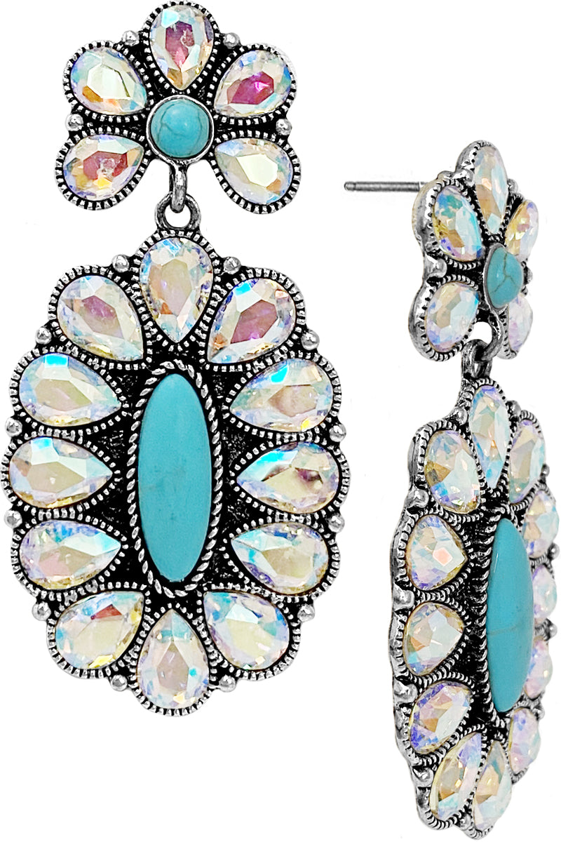 WESTERN STYLE TURQUOISE GEMSTONE RHINESTONE CONCHO FLOWER MIX POST DANGLING EARRING