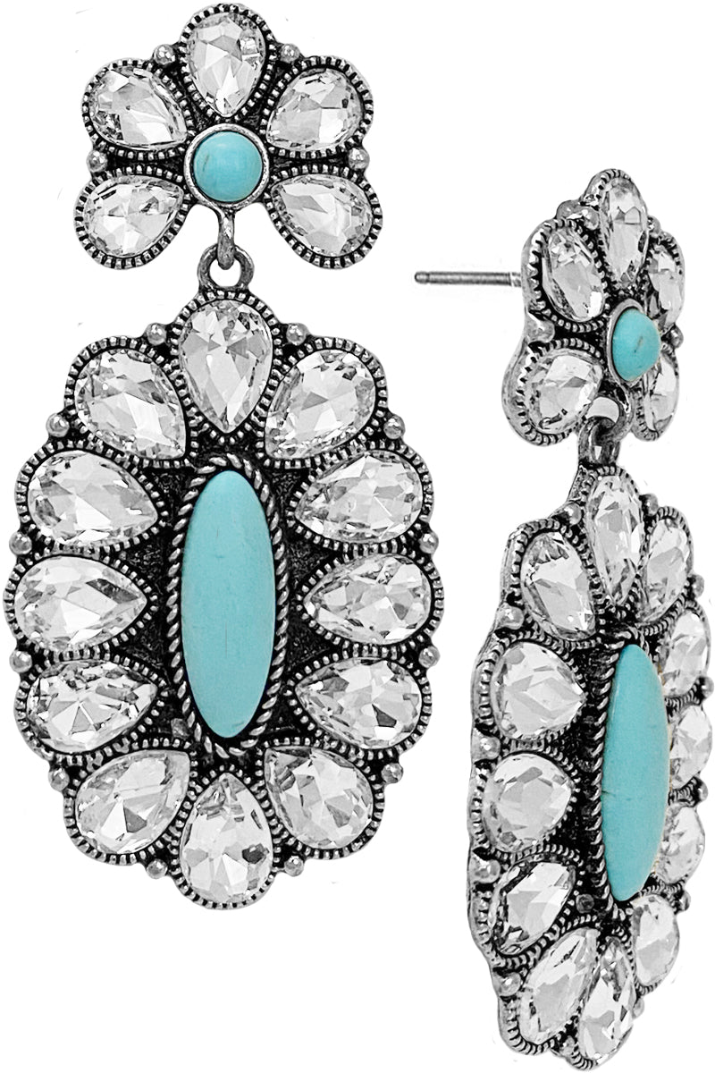 WESTERN STYLE TURQUOISE GEMSTONE RHINESTONE CONCHO FLOWER MIX POST DANGLING EARRING