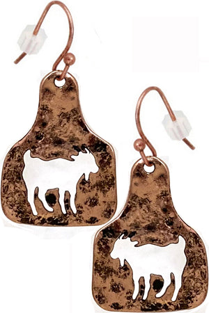 WESTERN STYLE HAMMERED TEXTURE GOAT CUTOUT CATTLE TAG CASTING FISH HOOK DANGLING EARRING