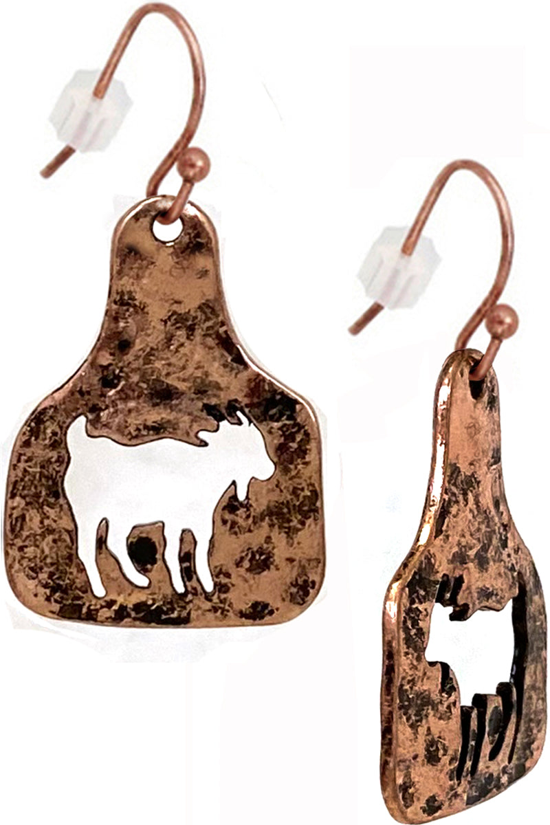 WESTERN STYLE HAMMERED TEXTURE GOAT CUTOUT CATTLE TAG CASTING FISH HOOK DANGLING EARRING