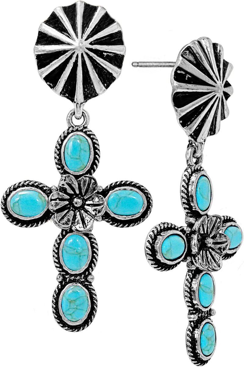 WESTERN STYLE CABLE TEXTURED GEMSTONE CROSS FLOWER DROP POST DANGLING EARRING