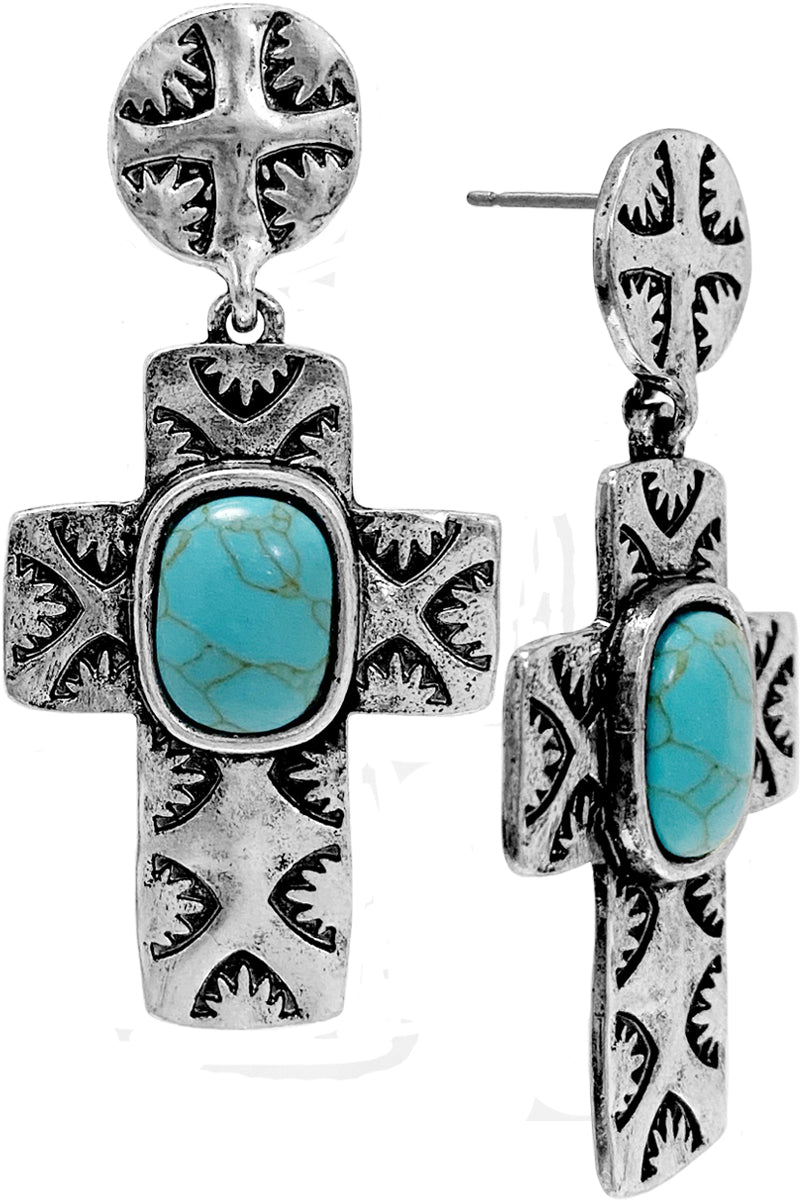 WESTERN CONCHO AZTEC GEMSTONE CROSS EARRING