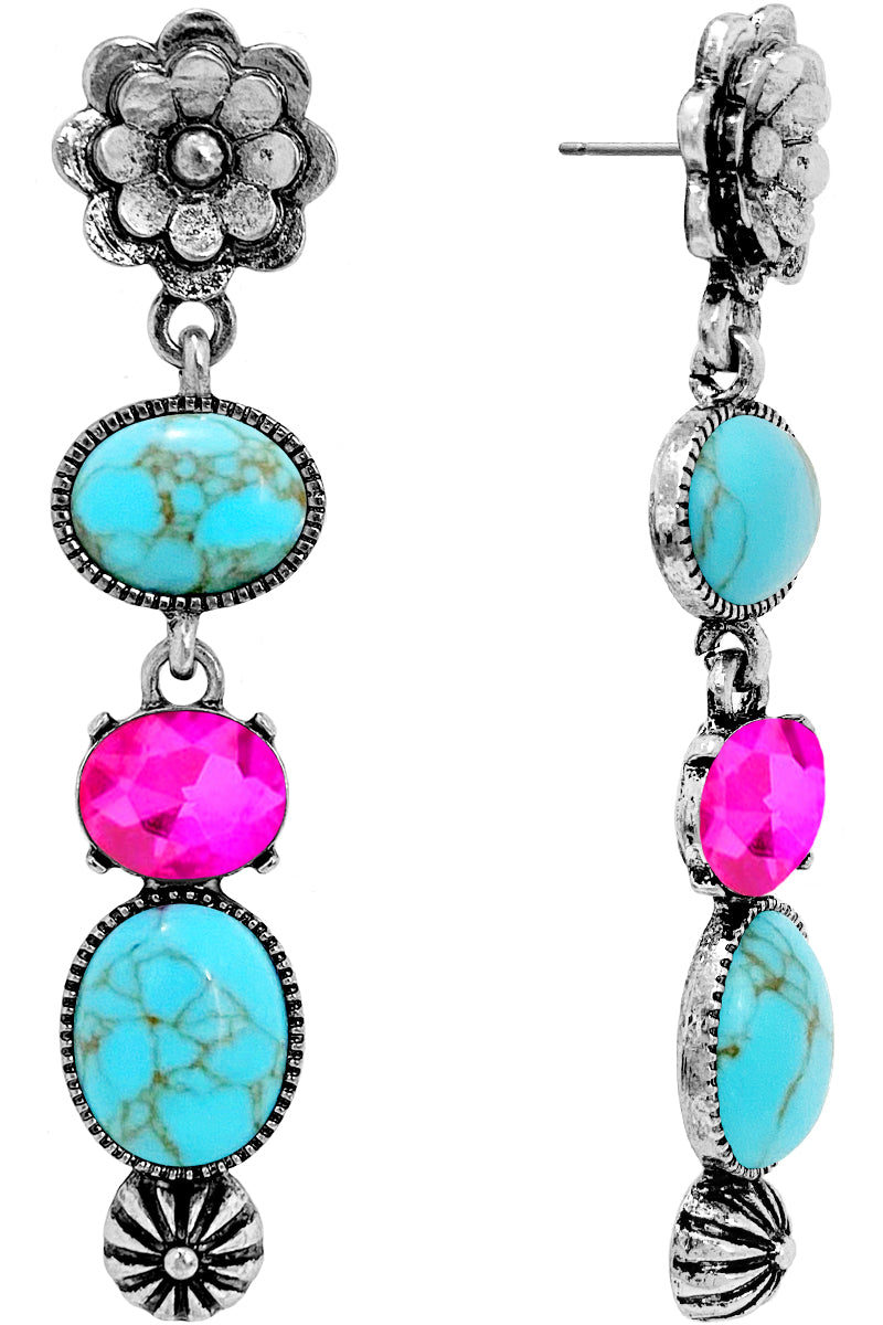 GEMSTONE RHINESTONE  DROP FLOWER POST EARRING