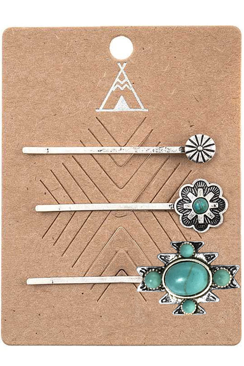 WESTERN CONCHO GEMSTONE AZTEC CROSS HAIR BOBBY PINS SET