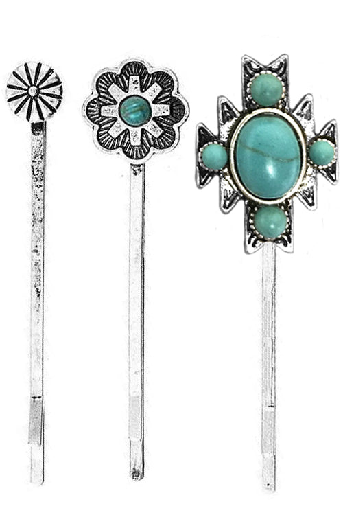 WESTERN CONCHO GEMSTONE AZTEC CROSS HAIR BOBBY PINS SET