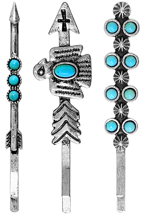 WESTERN CONCHO AZTEC GEMSTONE ARROW THUNDERBIRD BAR MULTI SHAPE HAIR BOBBY PINS