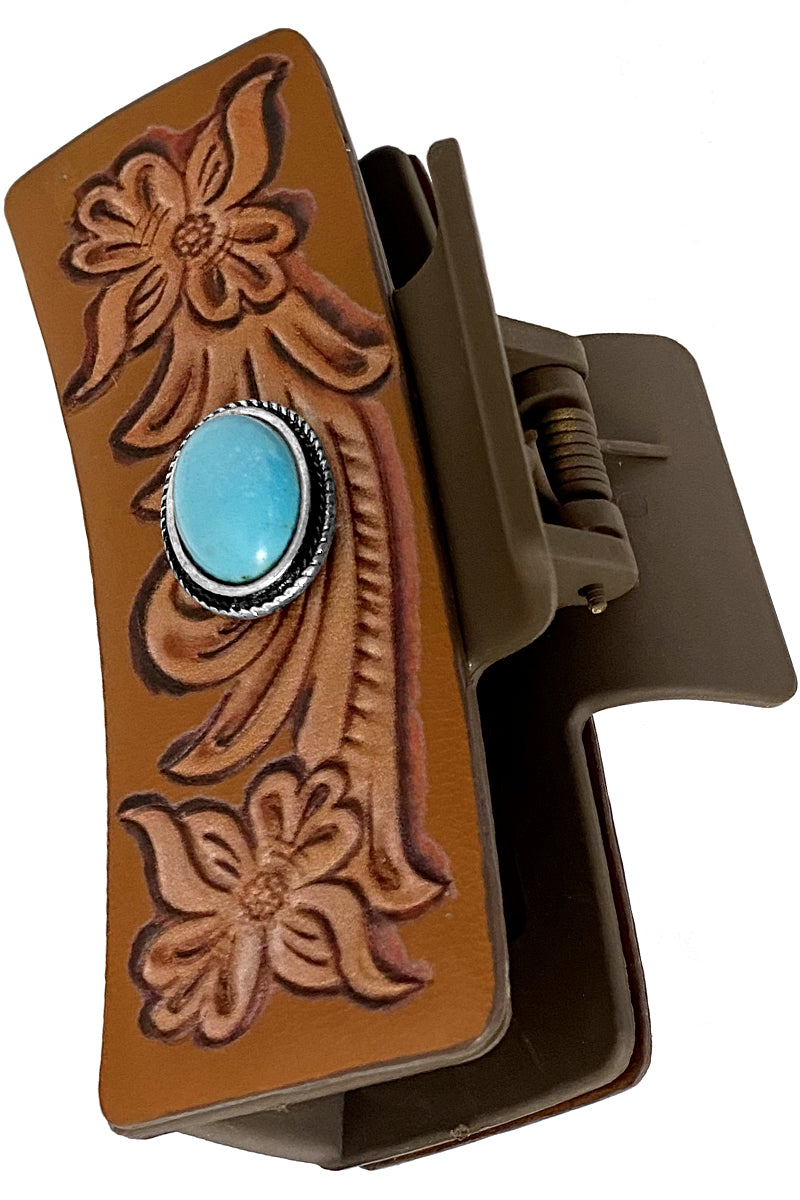 WESTERN CONCHO TQ PAISLEY FLOWER LEATHER HAIR CLAW