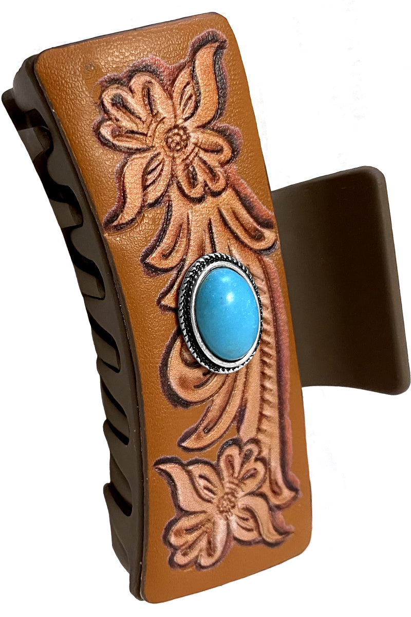 WESTERN CONCHO TQ PAISLEY FLOWER LEATHER HAIR CLAW