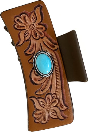 WESTERN CONCHO TQ PAISLEY FLOWER LEATHER HAIR CLAW