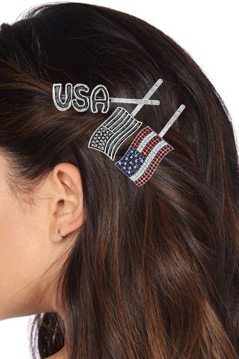 RHINESTONE PAVE USA FLAG BOBBY PIN SET