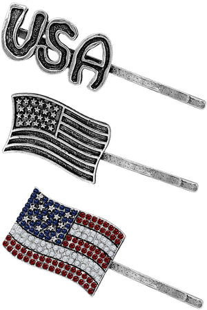 RHINESTONE PAVE USA FLAG BOBBY PIN SET