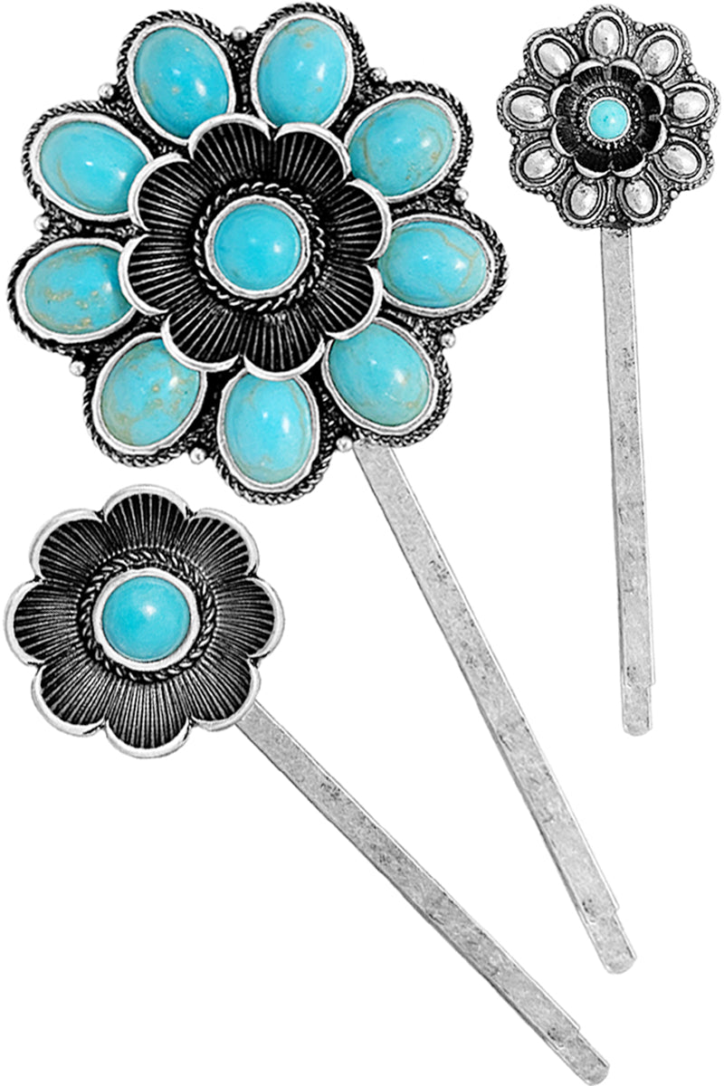 WESTERN GEMSTONE CONCHO FLOWER BOBBY PIN