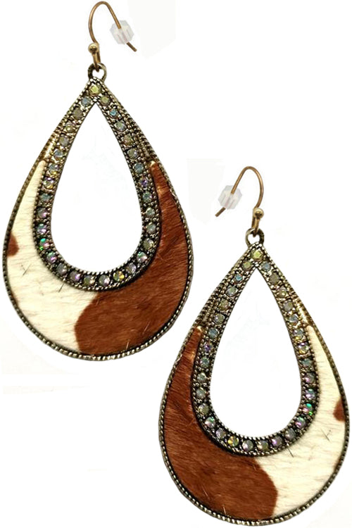 AB RHINESTONE COWHIDE GENUINE LEATHER TEARDROP SHAPE CASTING  FISH HOOK DANGLING EARRING