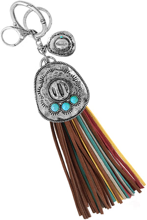 WESTERN STYLE AZTEC TEXTURED 3D GEMSTONE COWBOY HAT CASTING CHARM SUEDE TASSEL KEY CHAIN