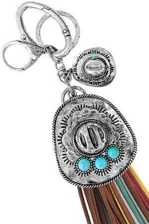 WESTERN STYLE AZTEC TEXTURED 3D GEMSTONE COWBOY HAT CASTING CHARM SUEDE TASSEL KEY CHAIN