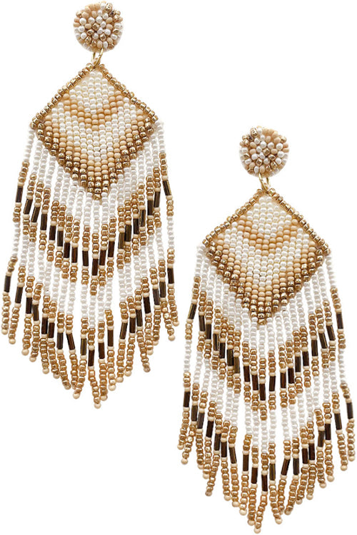 GEOMETRIC AZTEC CHEVRON PATTERN SEED BEADS TASSEL POST DANGLING EARRING