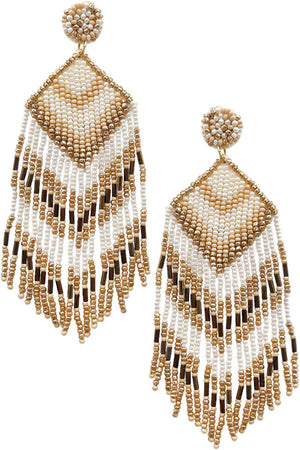 GEOMETRIC AZTEC CHEVRON PATTERN SEED BEADS TASSEL POST DANGLING EARRING