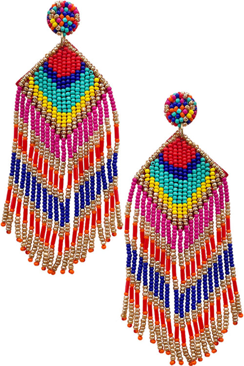 GEOMETRIC AZTEC CHEVRON PATTERN SEED BEADS TASSEL POST DANGLING EARRING