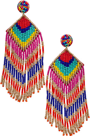 GEOMETRIC AZTEC CHEVRON PATTERN SEED BEADS TASSEL POST DANGLING EARRING