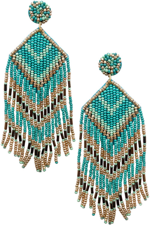 GEOMETRIC AZTEC CHEVRON PATTERN SEED BEADS TASSEL POST DANGLING EARRING