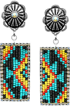 WESTERN AZTEC RHINESTONE SEED BEADS BAR CONCHO FLOWER EARRING