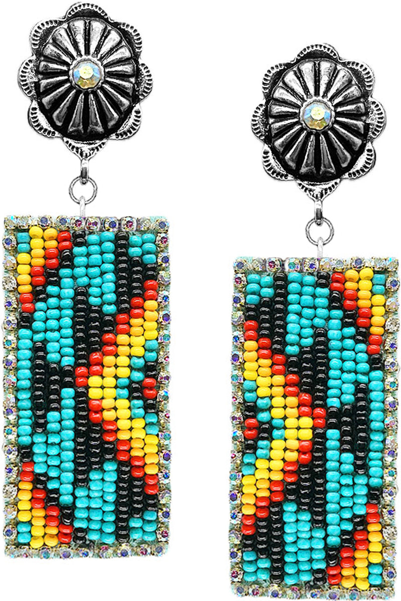 WESTERN AZTEC RHINESTONE SEED BEADS BAR CONCHO FLOWER EARRING