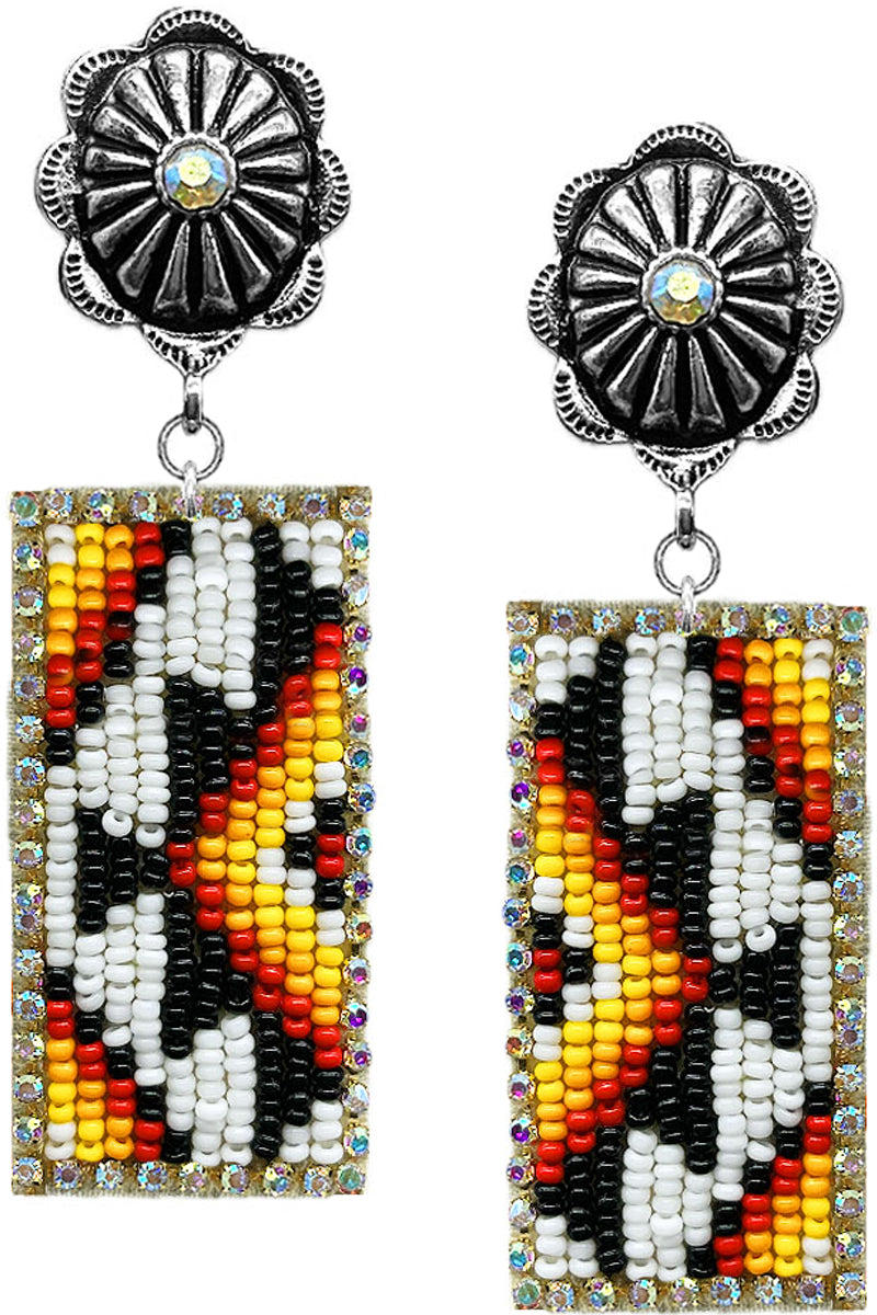 WESTERN AZTEC RHINESTONE SEED BEADS BAR CONCHO FLOWER EARRING