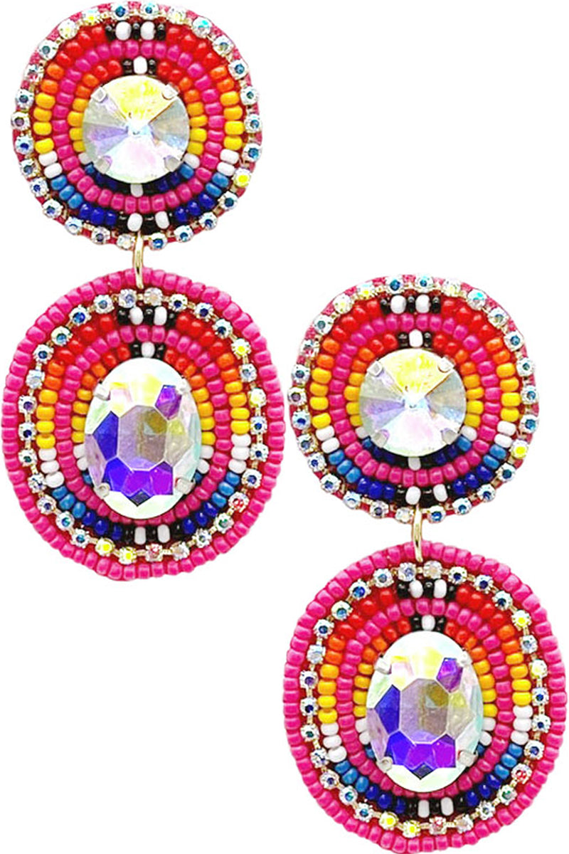 RHINESTONE SEED BEADS ROUND DROP POST EARRING